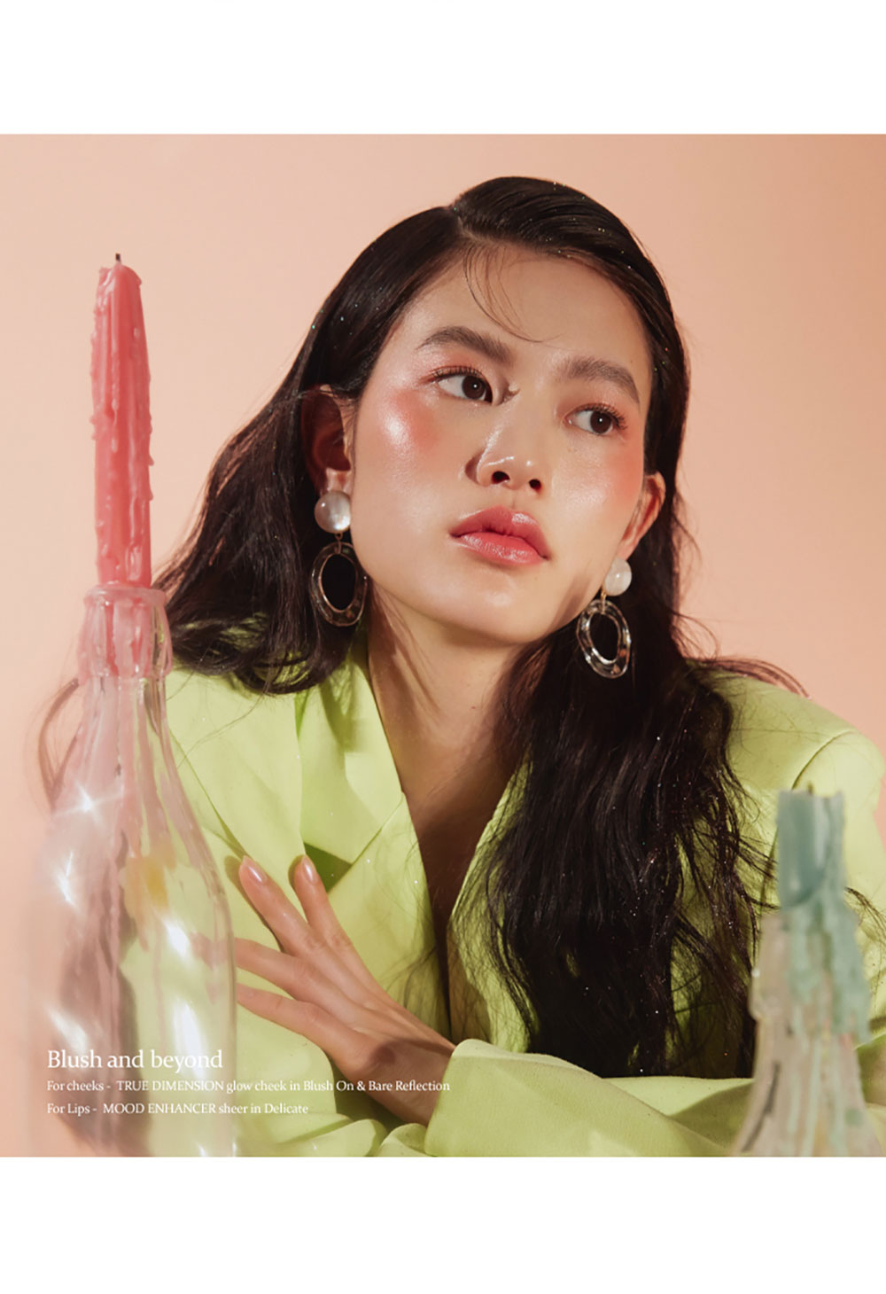 Blush and beyond For cheeks - TRUE DIMENSION glow cheek in Blush On & Bare Reflection For Lips- MOOD ENHANCER sheer in Delicate.