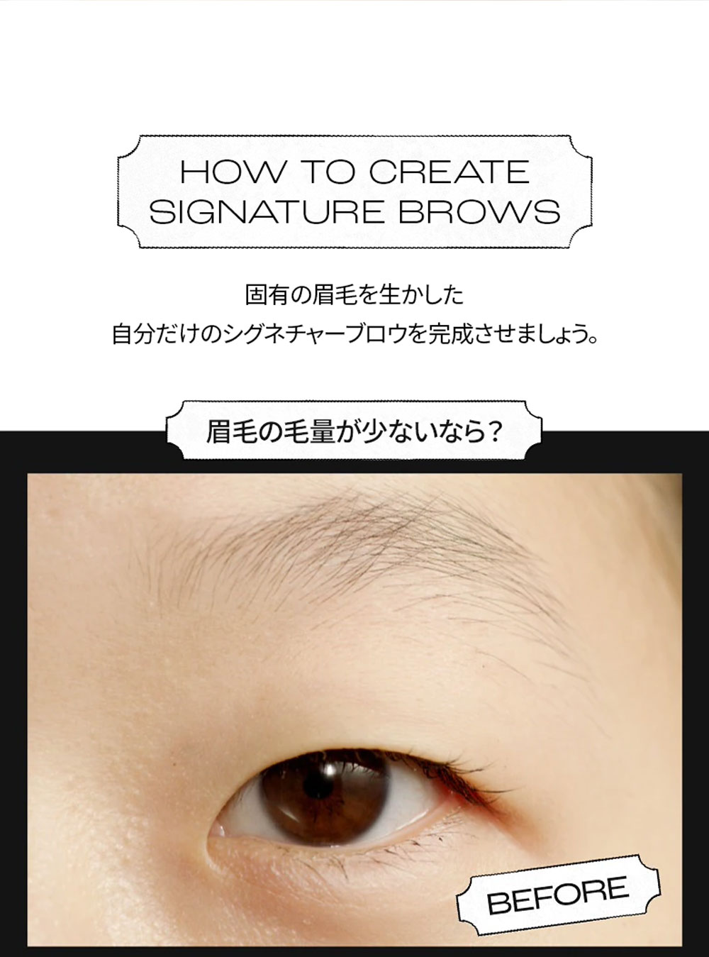 HOW TO CREATE SIGNATURE BROWS 固有の眉毛を生かした 自分だけのシグネチャーブロウを完成させましょう。 眉毛の毛量が少ないなら？ BEFORE