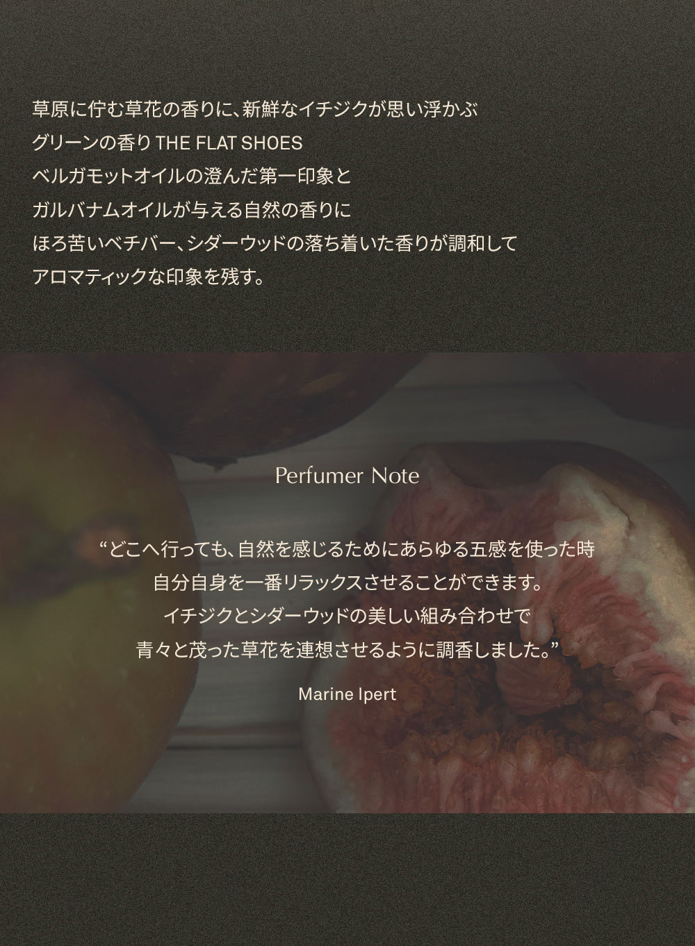 草原に佇む草花の香りに、新鮮なイチジクが思い浮かぶ グリーンの香り THE FLAT SHOES ベルガモットオイルの澄んだ第一印象と ガルバナムオイルが与える自然の香りに ほろ苦いベチバー、シダーウッドの落ち着いた香りが調和して アロマティックな印象を残す。 Perfumer Note “どこへ行っても、 自然を感じるためにあらゆる五感を使った時 自分自身を一番リラックスさせることができます。 イチジクとシダーウッドの美しい組み合わせで 青々と茂った草花を連想させるように調香しました。” Marine Ipert